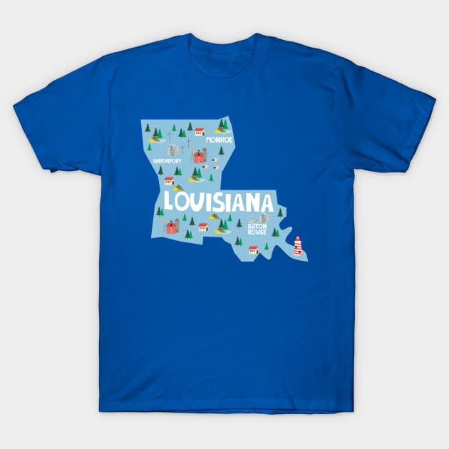 Louisiana Illustrated Map T-Shirt by JunkyDotCom